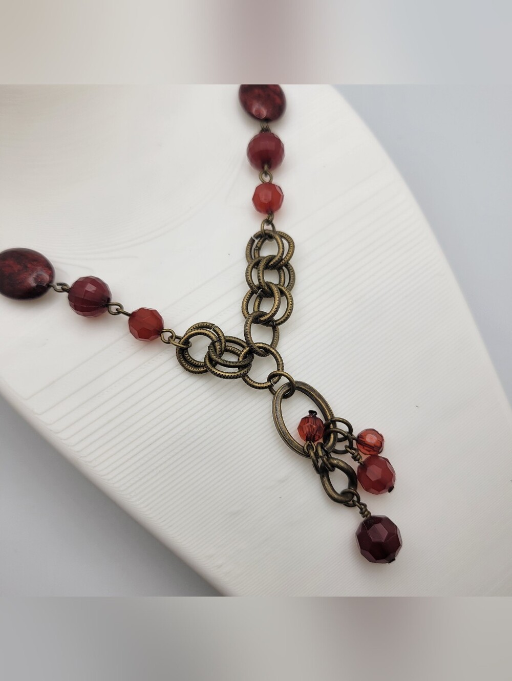 Antiqued Brass Chain Necklace with Deep Red Beads